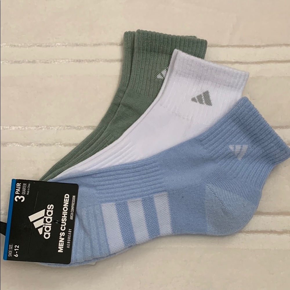 Adidas Men’s Cushioned Quarter Socks 3 pairs Size 6-12 White Blue Green